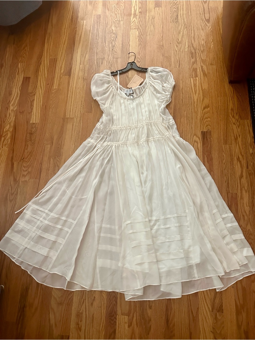 LA LIGNE SILK NWT ISABELL MIDI DRESS LARGE Ivory Puff-Sleeve Adjustable Ties
